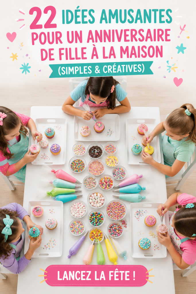 Une table d'anniversaire décorée pour une fille avec des bannière colorées et des ballons.