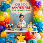 Décoration colorée pour un anniversaire d'enfant de 5 ans avec des ballons et des guirlandes.