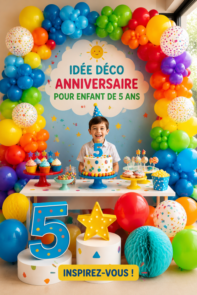 Décoration colorée pour un anniversaire d'enfant de 5 ans avec des ballons et des guirlandes.