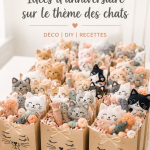 Fête d'anniversaire décorée sur le thème des chats avec des ballons et des guirlandes