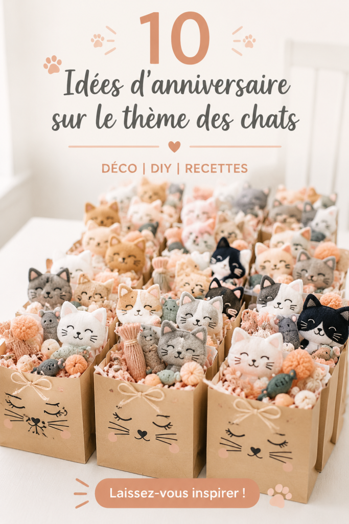 Fête d'anniversaire décorée sur le thème des chats avec des ballons et des guirlandes