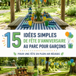 Un groupe d'enfants s'amusent lors d'une fête d'anniversaire au parc avec des ballons et des décorations colorées.