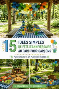 Un groupe d'enfants s'amusent lors d'une fête d'anniversaire au parc avec des ballons et des décorations colorées.
