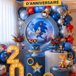 Fête d'anniversaire inspirée de Sonic avec décorations colorées et gâteaux thématiques.