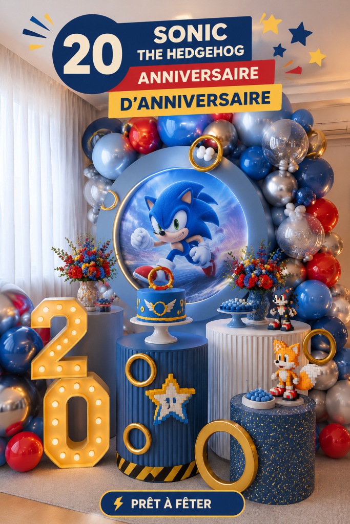 Fête d'anniversaire inspirée de Sonic avec décorations colorées et gâteaux thématiques.