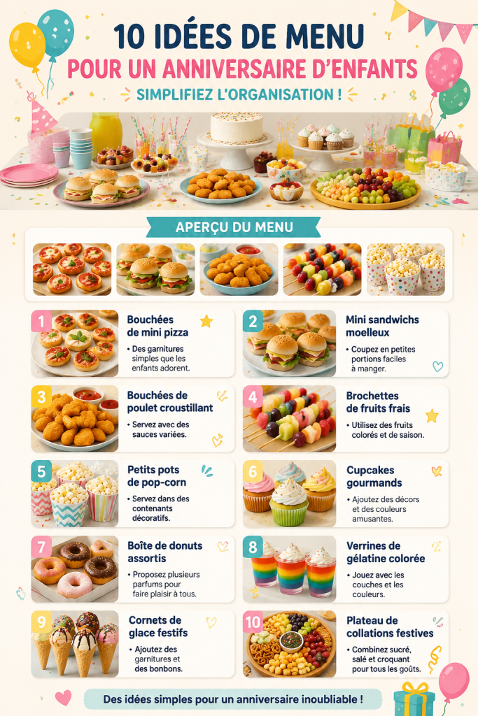 Un buffet coloré d'idées de menus pour anniversaire d'enfants, avec des plats joyeux et festifs.