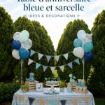 Table d'anniversaire élégamment décorée en bleu et turquoise avec des éléments festifs.