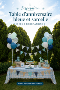 Table d'anniversaire élégamment décorée en bleu et turquoise avec des éléments festifs.