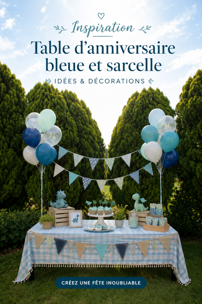 Table d'anniversaire élégamment décorée en bleu et turquoise avec des éléments festifs.
