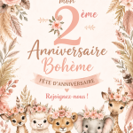 Invitation d'anniversaire boho élégante pour un enfant de 2 ans, comportant des motifs colorés et des éléments naturels.