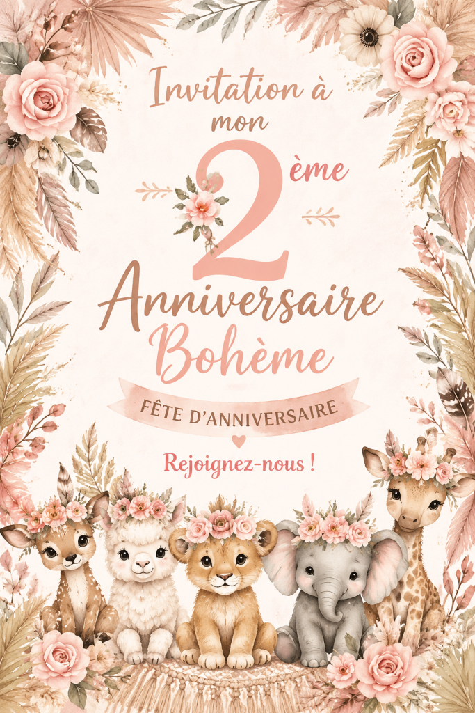 Invitation d'anniversaire boho élégante pour un enfant de 2 ans, comportant des motifs colorés et des éléments naturels.