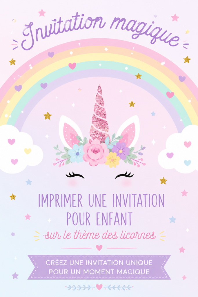 Invitation d'anniversaire sur le thème des licornes, colorée et joyeuse.
