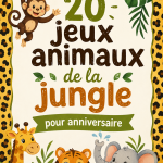 Enfants jouant à des jeux d'anniversaire sur le thème des animaux de la jungle.
