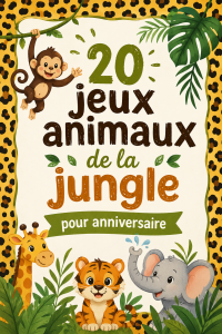 Enfants jouant à des jeux d'anniversaire sur le thème des animaux de la jungle.
