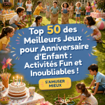 Un groupe d'enfants s'amusant lors d'une fête d'anniversaire avec des jeux variés.