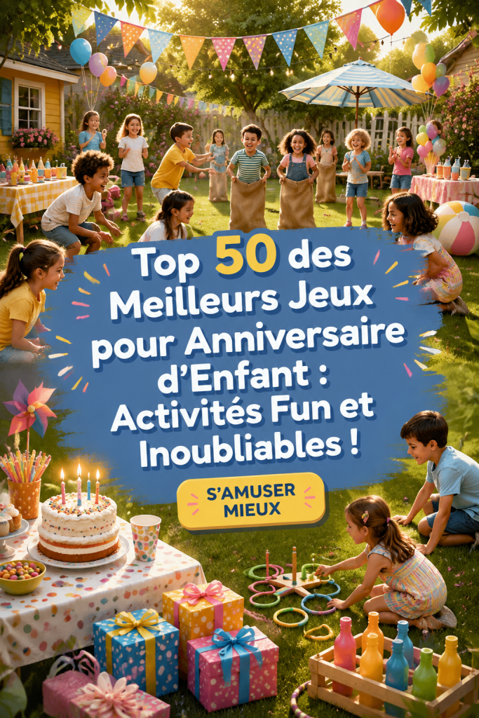 Un groupe d'enfants s'amusant lors d'une fête d'anniversaire avec des jeux variés.