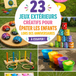 Un groupe d'enfants jouant à un jeu d'extérieur lors d'un anniversaire, sourires aux lèvres.