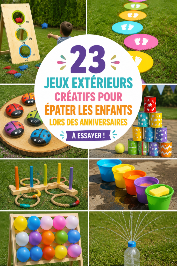 Un groupe d'enfants jouant à un jeu d'extérieur lors d'un anniversaire, sourires aux lèvres.
