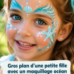 Petit visage de fille avec un maquillage océanique coloré et étoile de mer pour son anniversaire.