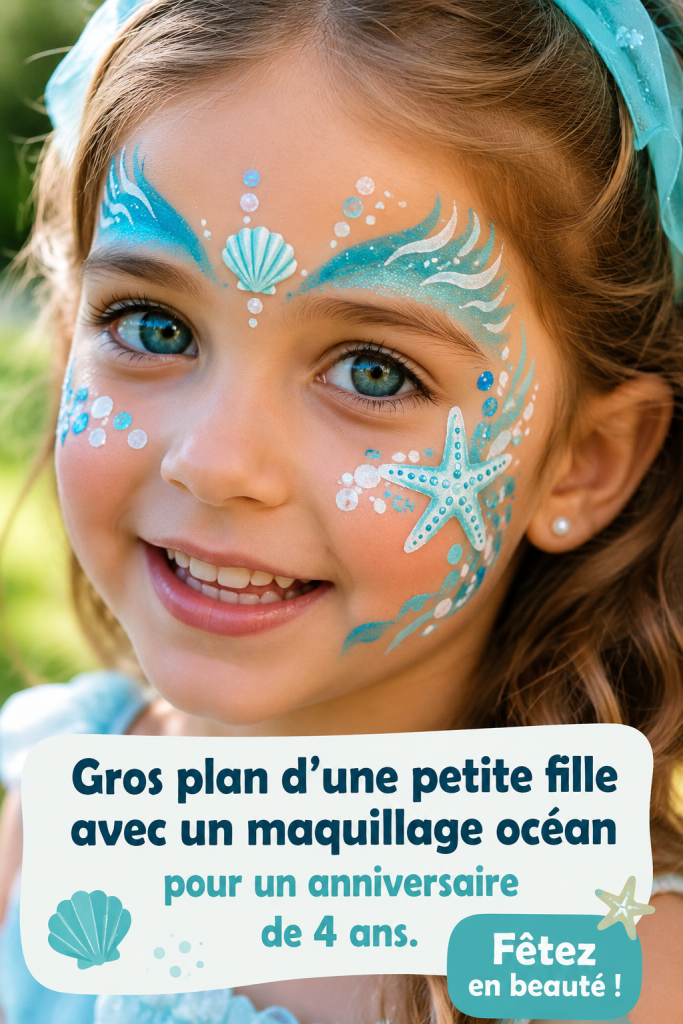 Petit visage de fille avec un maquillage océanique coloré et étoile de mer pour son anniversaire.