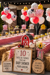 Thème de baby shower garçon avec des décorations colorées et un gâteau