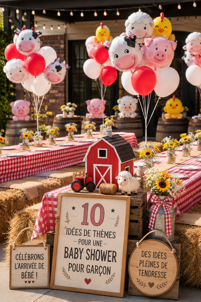 Thème de baby shower garçon avec des décorations colorées et un gâteau