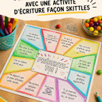 Élèves en classe participant à une activité d'écriture autour des Skittles, souriants et créatifs.