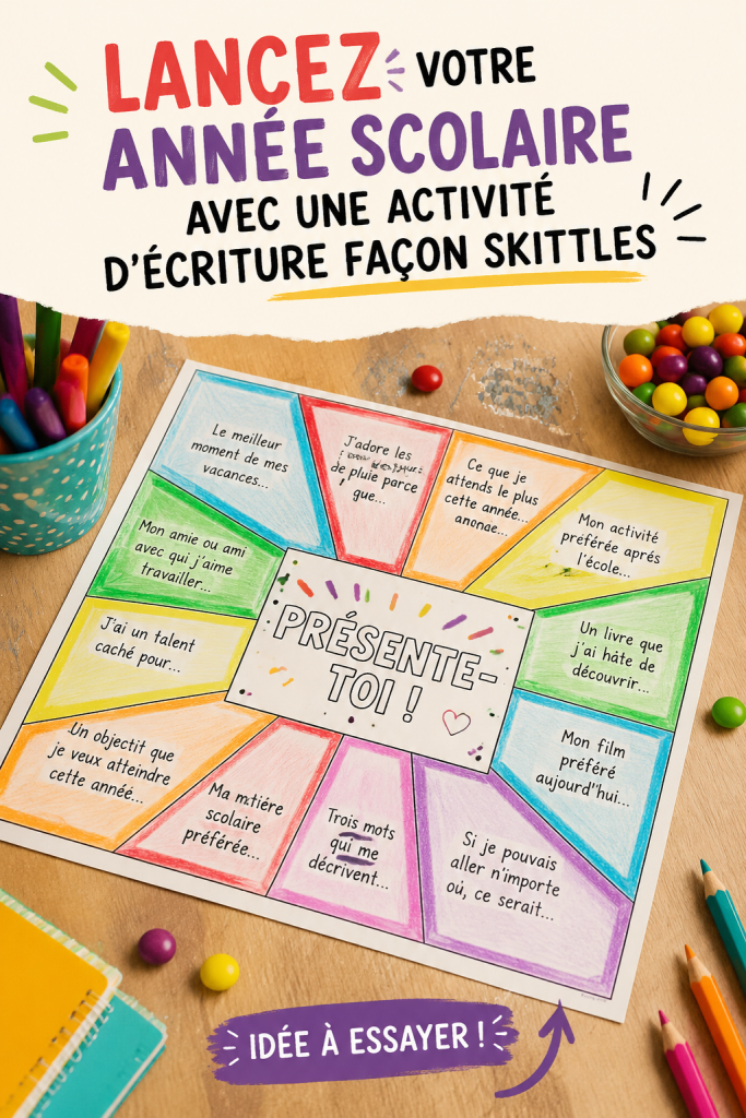 Élèves en classe participant à une activité d'écriture autour des Skittles, souriants et créatifs.