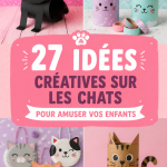 Un enfant souriant avec des créations artistiques sur le thème des chats.