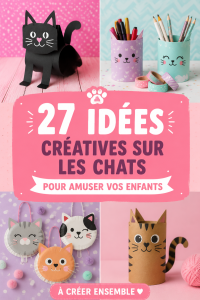 Un enfant souriant avec des créations artistiques sur le thème des chats.