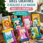 Une maman et ses enfants en train de créer des objets en papier coloré.