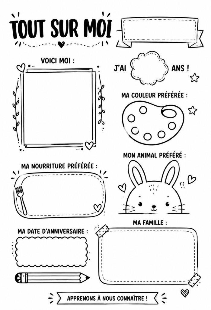 Fiche d'activités 'Tout sur moi' conçue pour les élèves de maternelle.