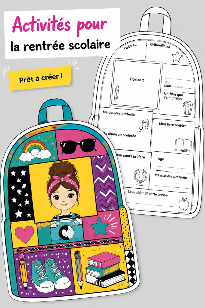 Activités de rentrée à glisser dans le sac à dos des enfants, illustration colorée.