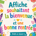 Affiche de rentrée colorée accueillant les enfants pour le retour à l'école