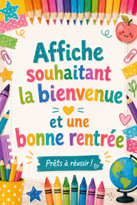 Affiche de rentrée colorée accueillant les enfants pour le retour à l'école