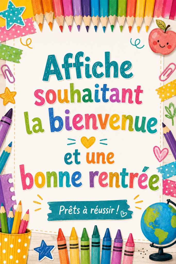 Affiche de rentrée colorée accueillant les enfants pour le retour à l'école
