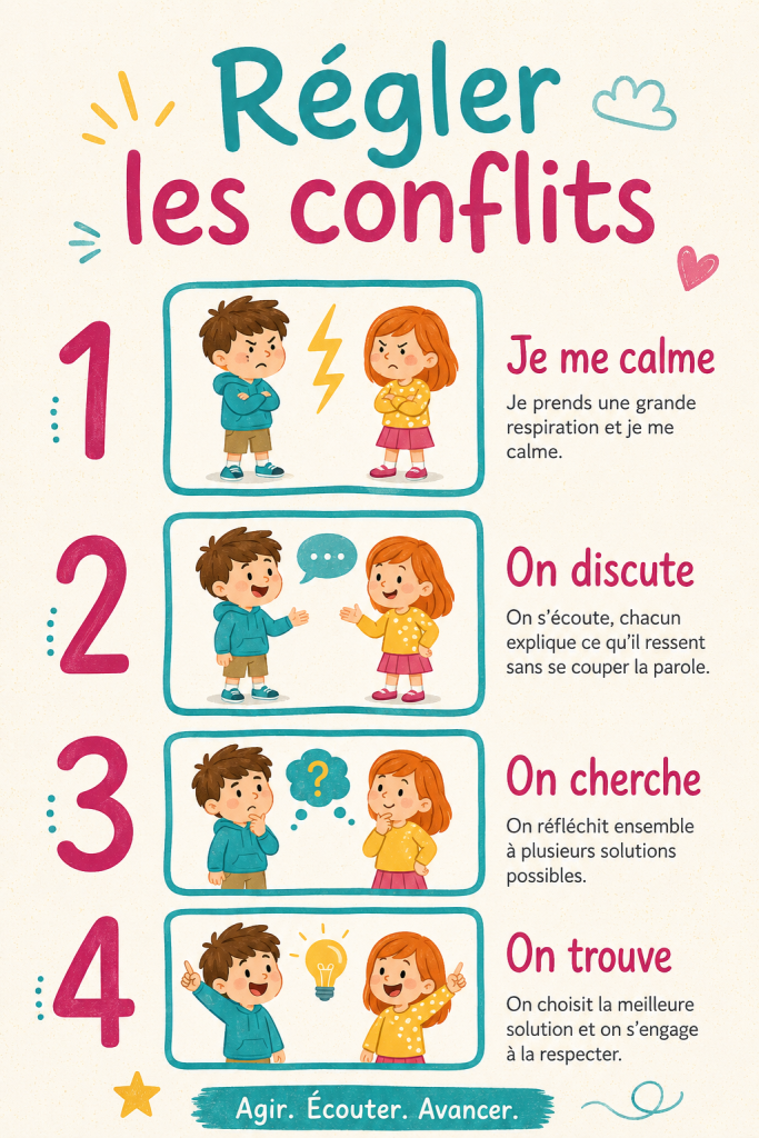 Affiche colorée de gestion des conflits pour enfants affichée sur un mur