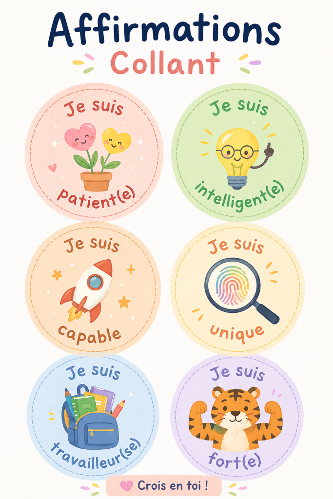 Un enfant appliquant des collants d'affirmations positives sur un mur coloré.