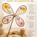 Ailes de papillon faites main à partir de branches de saule et de fleurs pressées, décorées sur une table en bois.