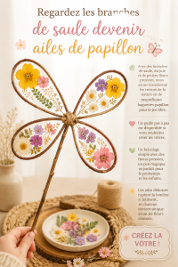 Ailes de papillon faites main à partir de branches de saule et de fleurs pressées, décorées sur une table en bois.