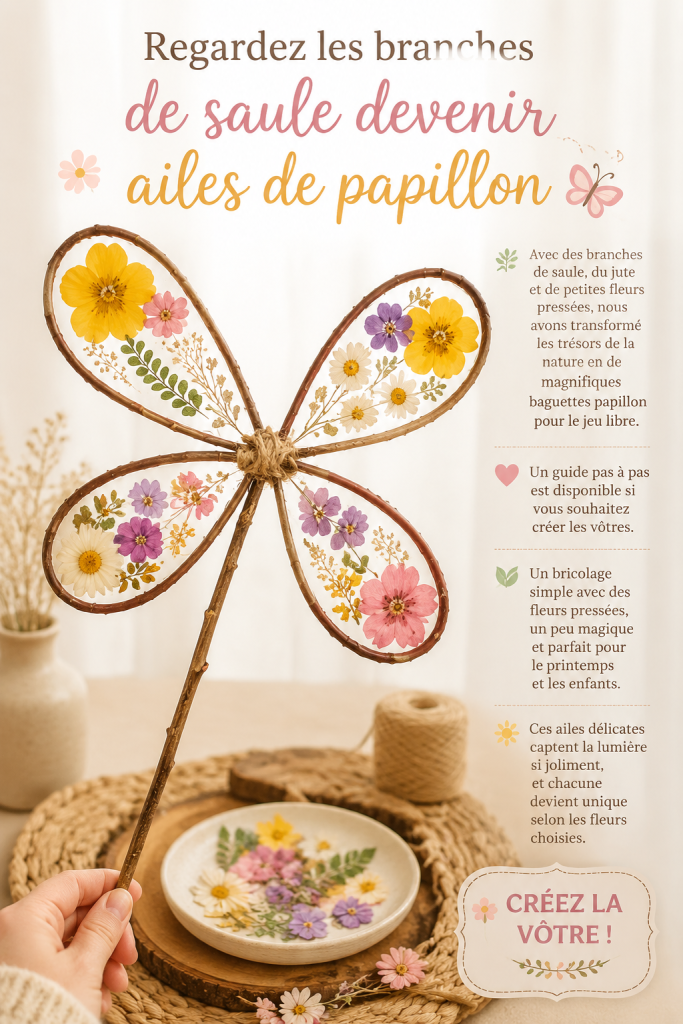 Ailes de papillon faites main à partir de branches de saule et de fleurs pressées, décorées sur une table en bois.