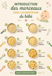 Un bébé souriant découvrant des morceaux dans son assiette lors d'un repas.