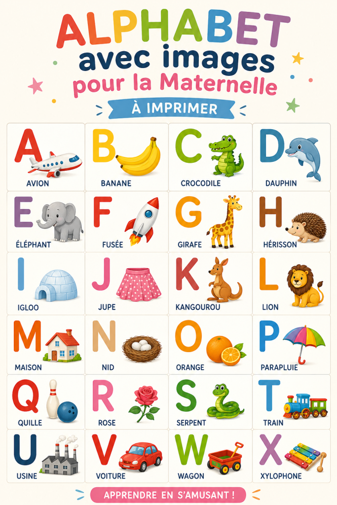 Alphabet illustré pour enfants à imprimer, idéal pour la maternelle