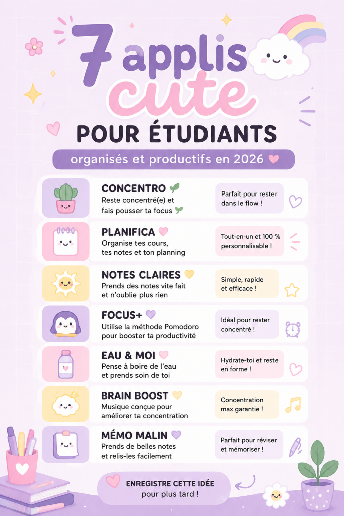 Une sélection d'applis sur un smartphone, symbolisant l'organisation et la productivité pour étudiants.