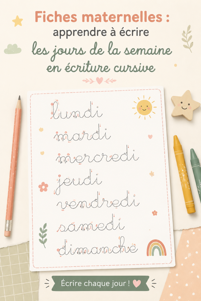 Un enfant pratiquant l'écriture cursive des jours de la semaine sur une fiche éducative.