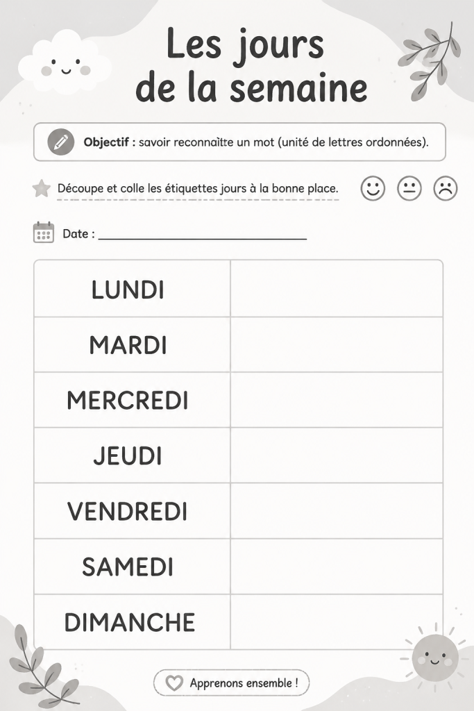 Une illustration des jours de la semaine en français sur un tableau