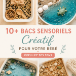 Bac sensoriel coloré rempli de matériaux stimulants pour bébé