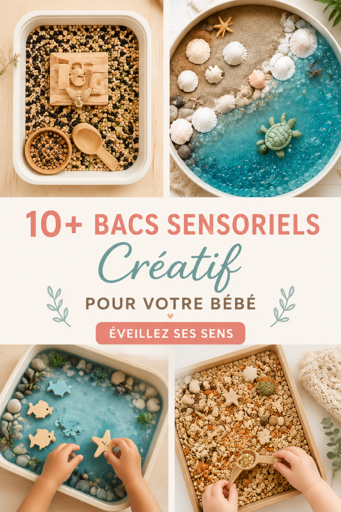 Bac sensoriel coloré rempli de matériaux stimulants pour bébé