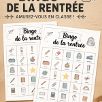 Un bingo imprimé sur une table, entouré de fournitures scolaires colorées.