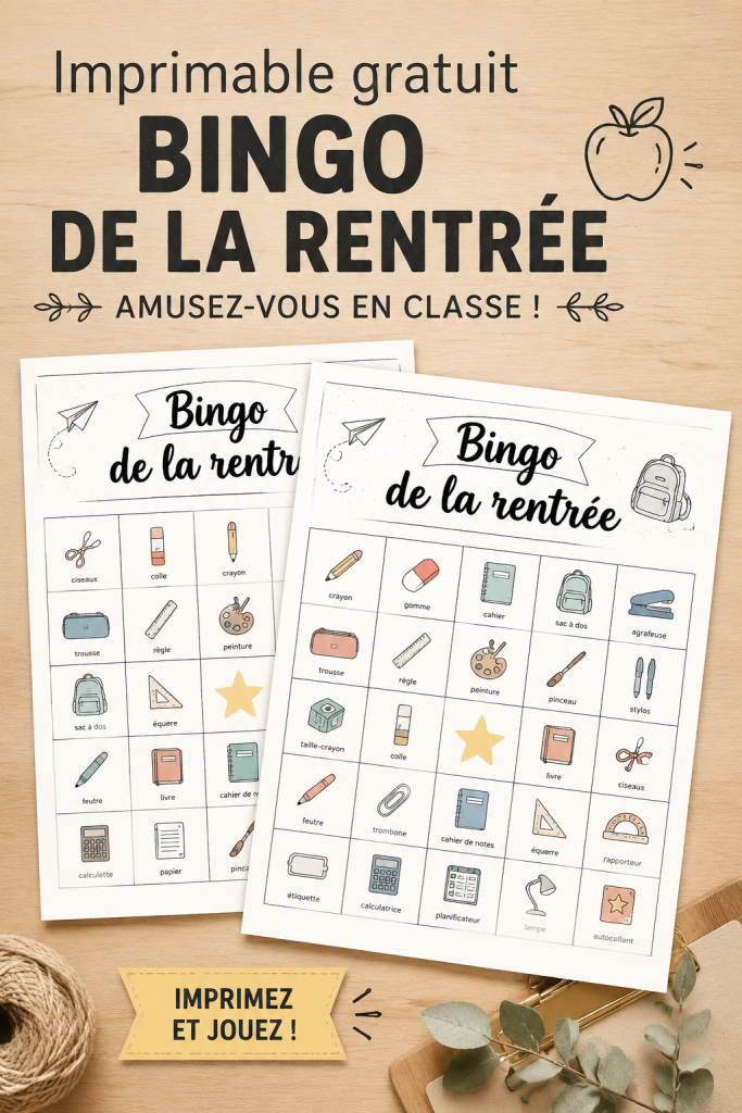 Un bingo imprimé sur une table, entouré de fournitures scolaires colorées.